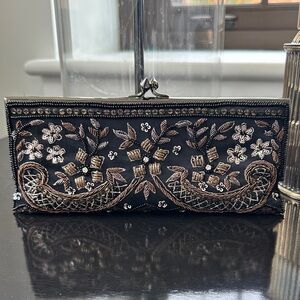 Moyna Embroidered Black Clutch 8.5”x 3.5 x 1”
